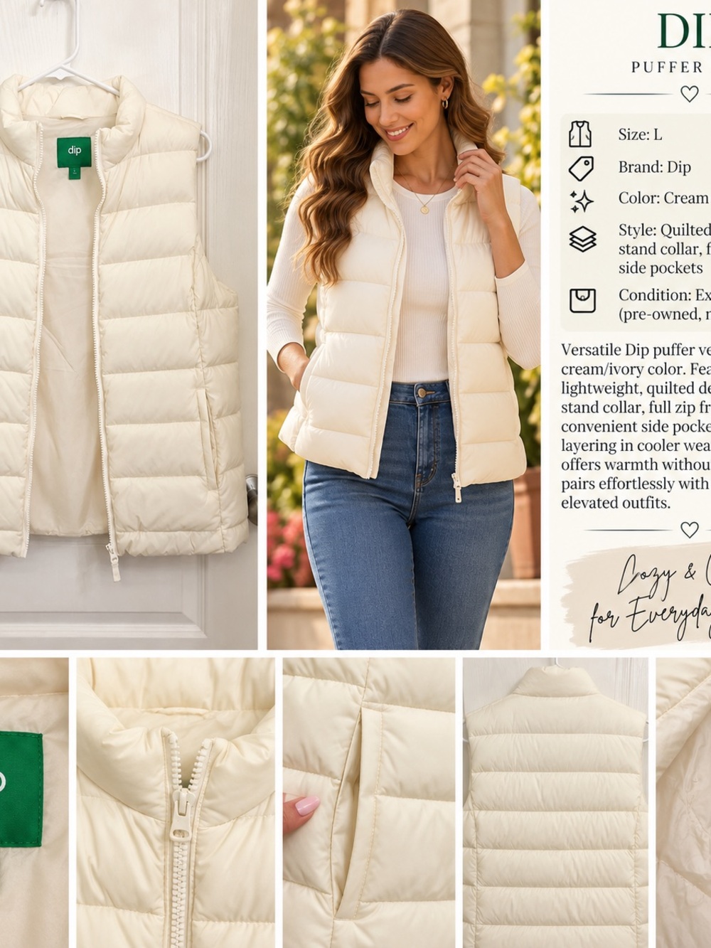 dip Cream Quilted Puffer Vest with Stand Collar